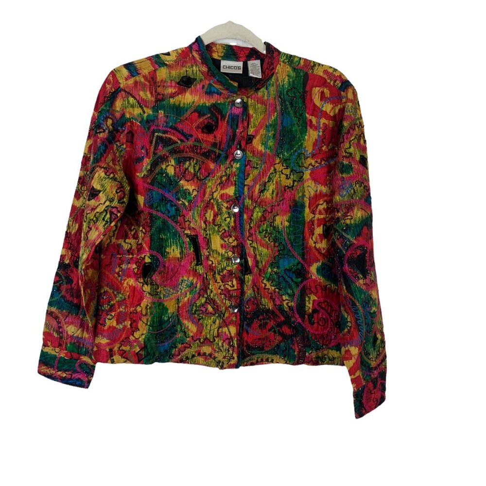 Chico's Size 0 S Silk Embroidered Lux Wearable Art Womens Open Blazer Jacket